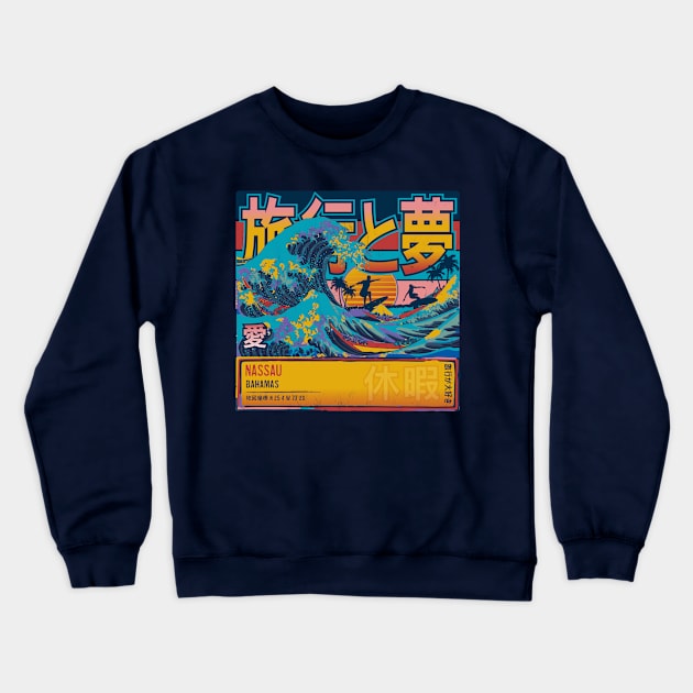 Nassau, Bahamas, Travel & Dream in Japanese Symbols Great Wave Crewneck Sweatshirt by MapYourWorld